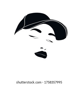 Minimalistic monochrome portrait of  woman in baseball cap. Sportswear. Headdress in sporty style. Make up. Silhouette of female head. Minimalistic logo design.