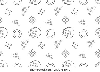 Minimalistic monochrome seamless pattern with dotted circles, triangles, and plus signs in a clean layout.