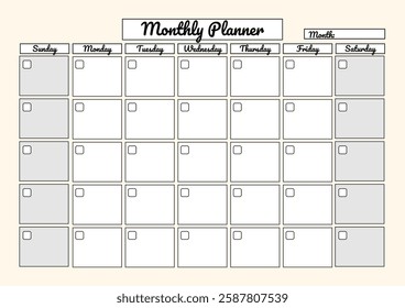 A minimalistic monthly planner template with a checklist for each day, perfect for organizing tasks and schedules.