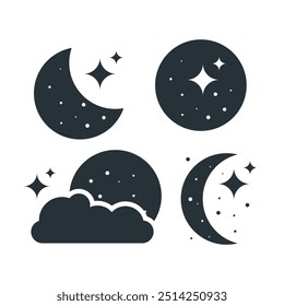 Ícones minimalistas da lua e das estrelas em formato vetorial, simbolizando o céu noturno, a calma e a tranquilidade. Perfeito para uso em projetos de design relacionados a temas de astronomia, sono ou noite