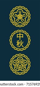 Minimalistic Mooncake Festival vertical banner, poster or greeting card design with moon cakes as ornamental elements, containing 'Mid-Autumn Festival' in Chinese