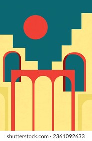 Minimalistic Morocco architecture poster abstract art. Colorful night cityscape.
