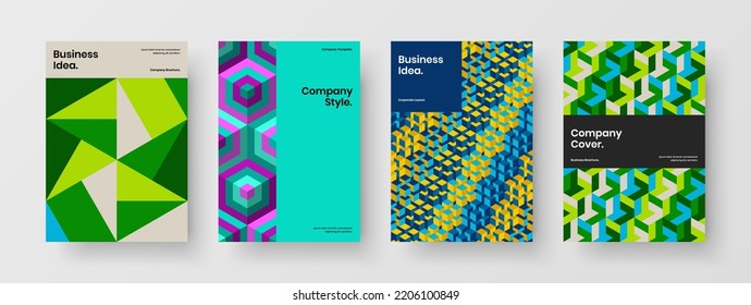 Minimalistic mosaic hexagons banner illustration set. Multicolored catalog cover vector design layout composition.