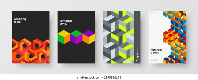 Minimalistic mosaic hexagons company brochure layout set. Bright presentation A4 vector design concept bundle.