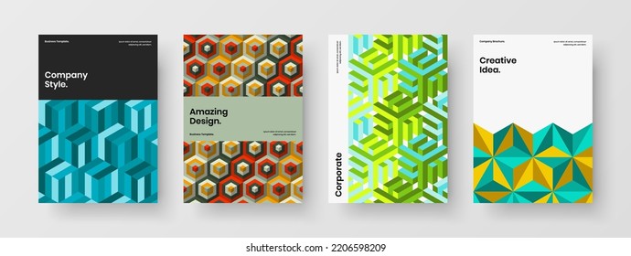 Minimalistic mosaic hexagons flyer template composition. Amazing corporate brochure A4 vector design illustration bundle.