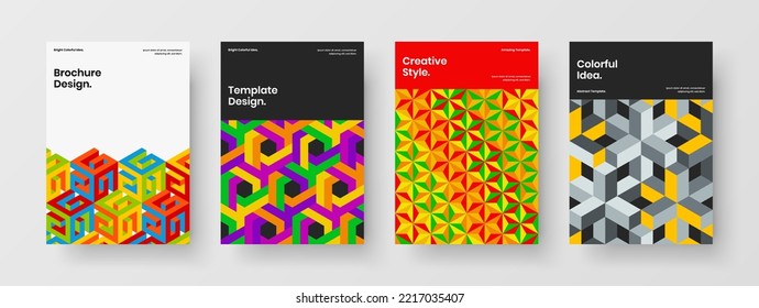 Minimalistic mosaic hexagons magazine cover concept composition. Modern corporate brochure design vector illustration set.