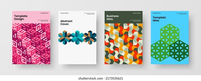 Minimalistic mosaic pattern booklet illustration collection. Amazing magazine cover A4 design vector template composition.