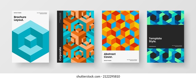 Minimalistic mosaic pattern brochure template bundle. Colorful handbill A4 vector design illustration collection.