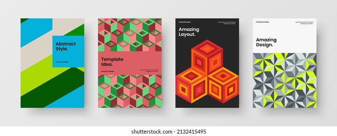 Minimalistic mosaic pattern flyer illustration composition. Premium company brochure A4 vector design template set.