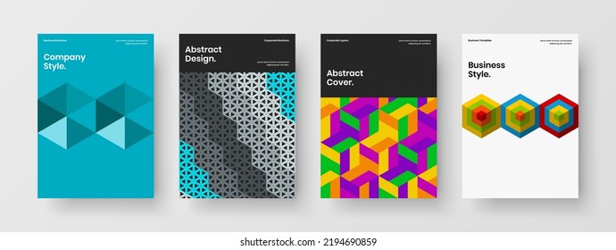 Minimalistic mosaic pattern front page template collection. Multicolored annual report design vector illustration bundle.