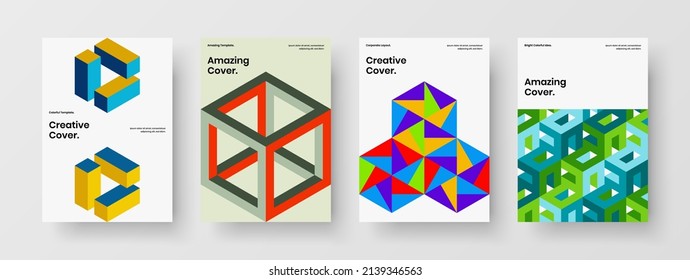 Minimalistic mosaic shapes flyer concept bundle. Amazing magazine cover A4 design vector template composition.