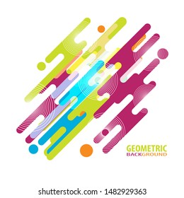 Minimalistic motion design.Vector illustration of dynamic composition made of various colored rounded shapes lines in diagonal rhythm. 