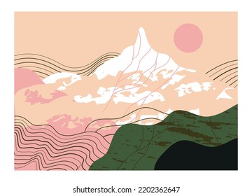 Fondo de montaña minimalista. Afiche romántico de estilo oriental con rocas de textura, líneas onduladas y amanecer. Elemento de diseño para la postal. Dibujo vectorial plano de dibujos animados aislado sobre fondo blanco