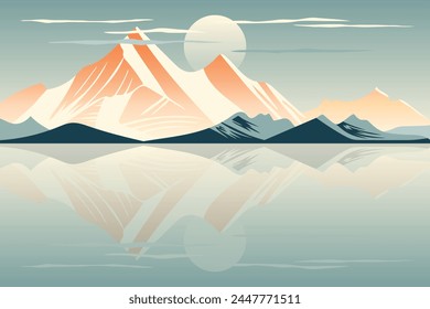 Minimalistic mountain lake at dawn, morning light and sun, vector illustration