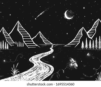  Minimalistic mountain landscape. Firefly beetles on the river bank. Black-white illustration in doodle style.