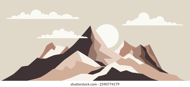 Minimalistic mountain landscape, geometric stylization mountain, sunrise and sun, vector illustration