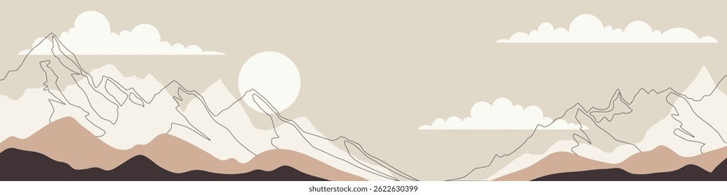 Minimalistic mountain landscape, geometric stylization mountain, sunrise and sun, vector illustration