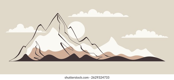 Minimalistic mountain landscape, geometric stylization mountain, sunrise and sun, vector illustration
