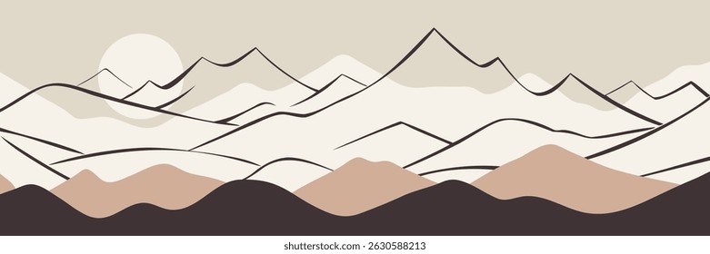 Minimalistic mountain landscape, geometric stylization mountain, sunrise and sun, vector illustration