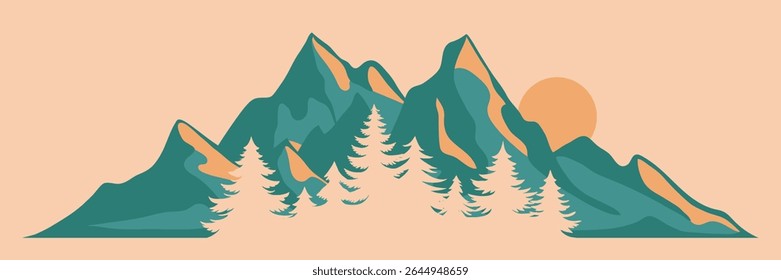Paisaje montañoso minimalista, montaña de estilización geométrica, amanecer y sol, Ilustración vectorial