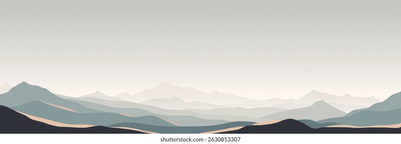 Paisagem de montanha minimalista, colinas e cumes na névoa da manhã, ilustração vetorial, vista panorâmica