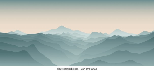 Paisagem de montanha minimalista, colinas e cumes na névoa da manhã, ilustração vetorial, vista panorâmica