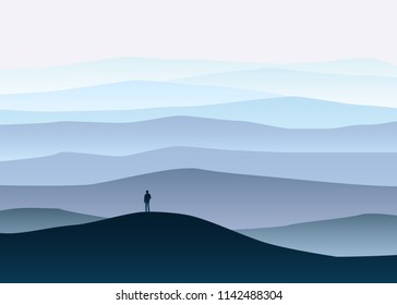 Minimalistic mountain landscape, lonely explorer, horizon, perspective, vector, illustration, isolated, cartoon style