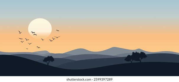 Minimalistic mountain landscape, morning light and sun, vector illustration, panoramic view