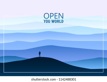 Minimalistic mountain landscape, open your world, lonely explorer, horizon, perspective, vector, illustration, isolated, cartoon style