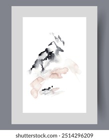 Minimalistic mountain landscape with single rock peak, in watercolor vertical painting. Artworks with winter rock, for interior design of hotel at ski resort for athletes and tourists