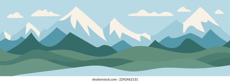 Paisaje montañoso minimalista, cumbres y colinas cubiertas de nieve, imagen vectorial, vista panorámica