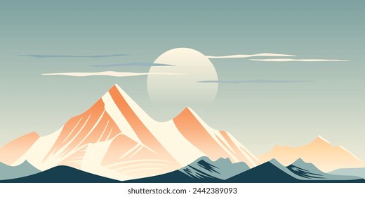 Minimalistic mountain landscape, mountain sunrise and sun, vector illustration