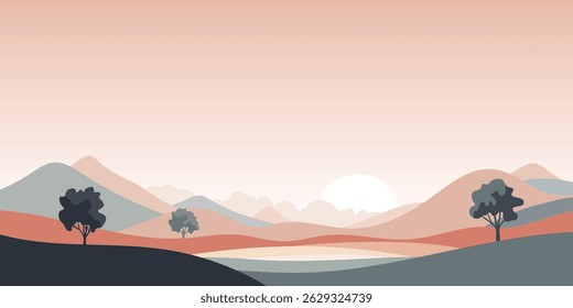 Minimalistic mountain landscape, mountain sunrise and sun, vector illustration
