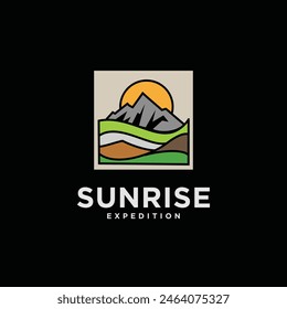 Plantilla De Diseño Minimalista Del Icono Del Logotipo De La Montaña Con El Pico De La Montaña Y El Atardecer Antiguas Estilo Ilustración vectorial
