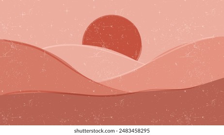 Minimalistic Mountain Sandy Panorama at Sunset in Abstract Bohemian, Boho Style. Vector Horizontal Background