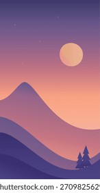Paisagem de montanhas minimalista de amanhecer ou pôr do sol em estilo escandinavo. Design de vetor de gradiente em cores roxas. Ilustração original desenhada à mão