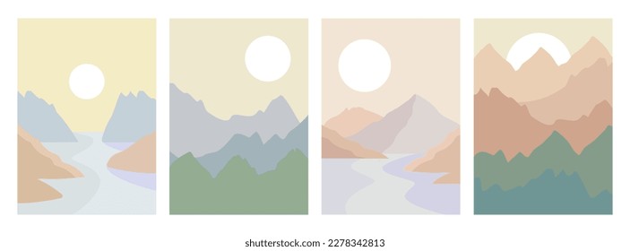 Minimalistic mountains lanscape with sun. Set of 4 A4 illustrations for banner, card, flyer.