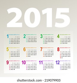 minimalistic multicolor 2015 calendar design - week starts with sunday 