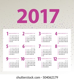 minimalistic multicolor 2017 calendar design on light background - week starts with sunday
