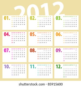 minimalistic, multicolor lines 2012 calendar design - week starts with sunday