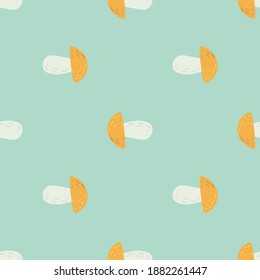 Minimalistic mushroom doodle silhouettes in orange and white colors. Light turquoise background. Forest food backdrop. For wallpaper, textile, wrapping paper, fabric print. Vector illustration.