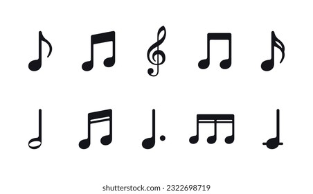 Minimalistic musical notes sign set.  Melody and melody sign fill pictogram vector icons.