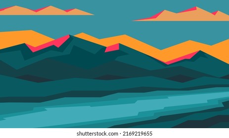 Minimalistic natural horizontal landscape. Beautiful yellow sunset over mountains and flowing river. 
