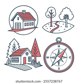 Minimalistic Nature and Home Location Vector Illustrations