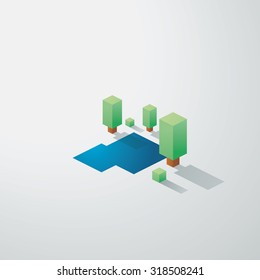 Minimalistic nature landscape background. Low poly isometric design. Trees and lake environment. Eps10 vector illustration.