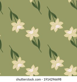Minimalistic nature seamless pattern with doodle contoured beige folk flower silhouettes. Green background. Flat vector print for textile, fabric, giftwrap, wallpapers. Endless illustration.