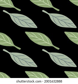Minimalistic nature seamless pattern with green and blue pastel leaves shapes. Black background. Perfect for fabric design, textile print, wrapping, cover. Vector illustration.