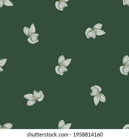Minimalistic nature seamless pattern with grey outline orchid flowers. Dark green background. Graphic design for wrapping paper and fabric textures. Vector Illustration.