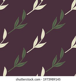 Minimalistic nature style seamless pattern with white and green nordic leaf twigs print. Brown background. Perfect for fabric design, textile print, wrapping, cover. Vector illustration.