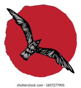 Minimalistische nautische Gestaltung des Ozeanemblems mit Seegras bei Sonnenuntergang. Stroke Silhouette fliegender Seegullvogel auf der Küste Sonnenuntergang. Konzept der tropischen exotischen Natur, Segel Tourismus. Vektorgrafik. 